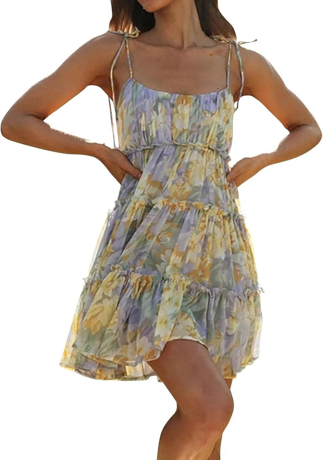 Summer Floral Mini Dresses for Women 2025 Flowy Boho Sleeveless Spaghetti Strap Dress Tiered Ruffle Short Skater Dress