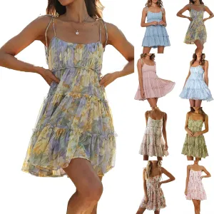 Summer Floral Mini Dresses for Women 2025 Flowy Boho Sleeveless Spaghetti Strap Dress Tiered Ruffle Short Skater Dress