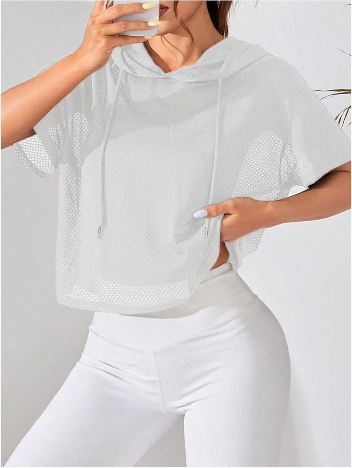 SweatyRocks Women's Short Sleeve Fishnet Hoodies Hollow Out Sports Workout Tops