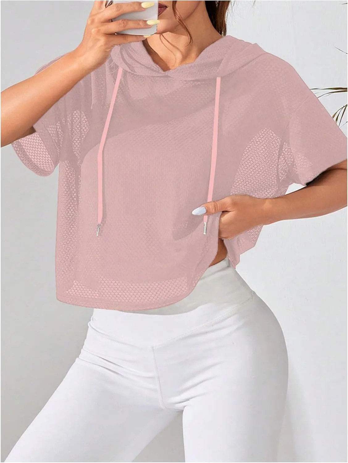 SweatyRocks Women's Short Sleeve Fishnet Hoodies Hollow Out Sports Workout Tops