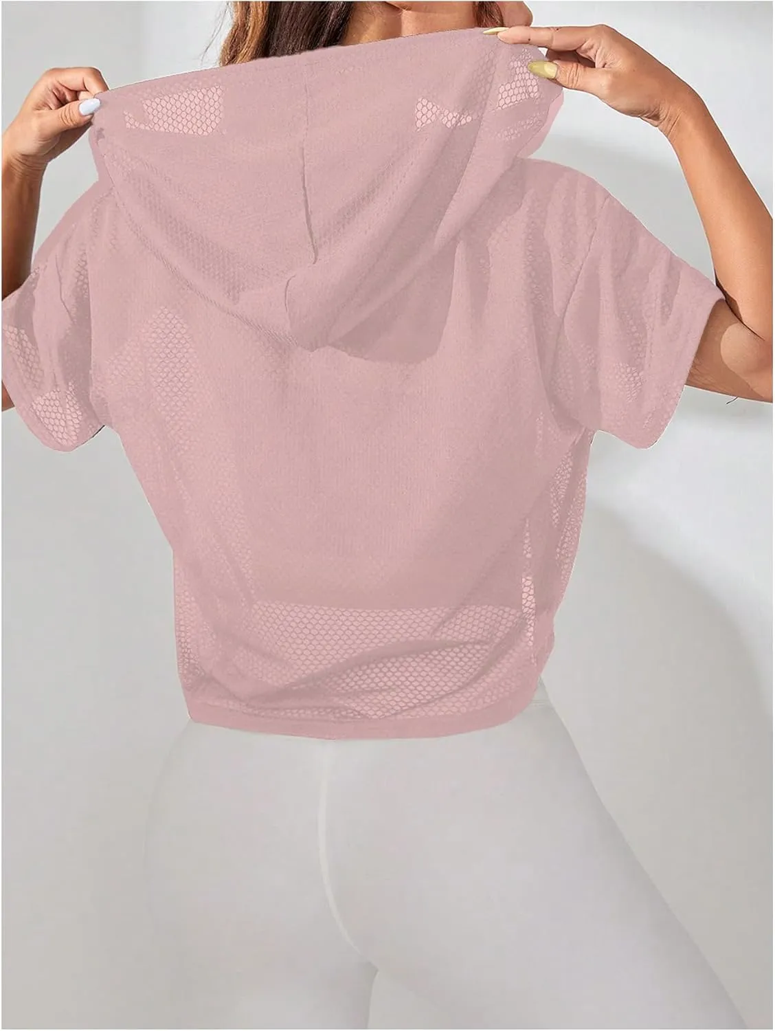 SweatyRocks Women's Short Sleeve Fishnet Hoodies Hollow Out Sports Workout Tops