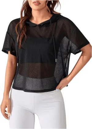 SweatyRocks Women's Short Sleeve Fishnet Hoodies Hollow Out Sports Workout Tops