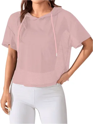SweatyRocks Women's Short Sleeve Fishnet Hoodies Hollow Out Sports Workout Tops