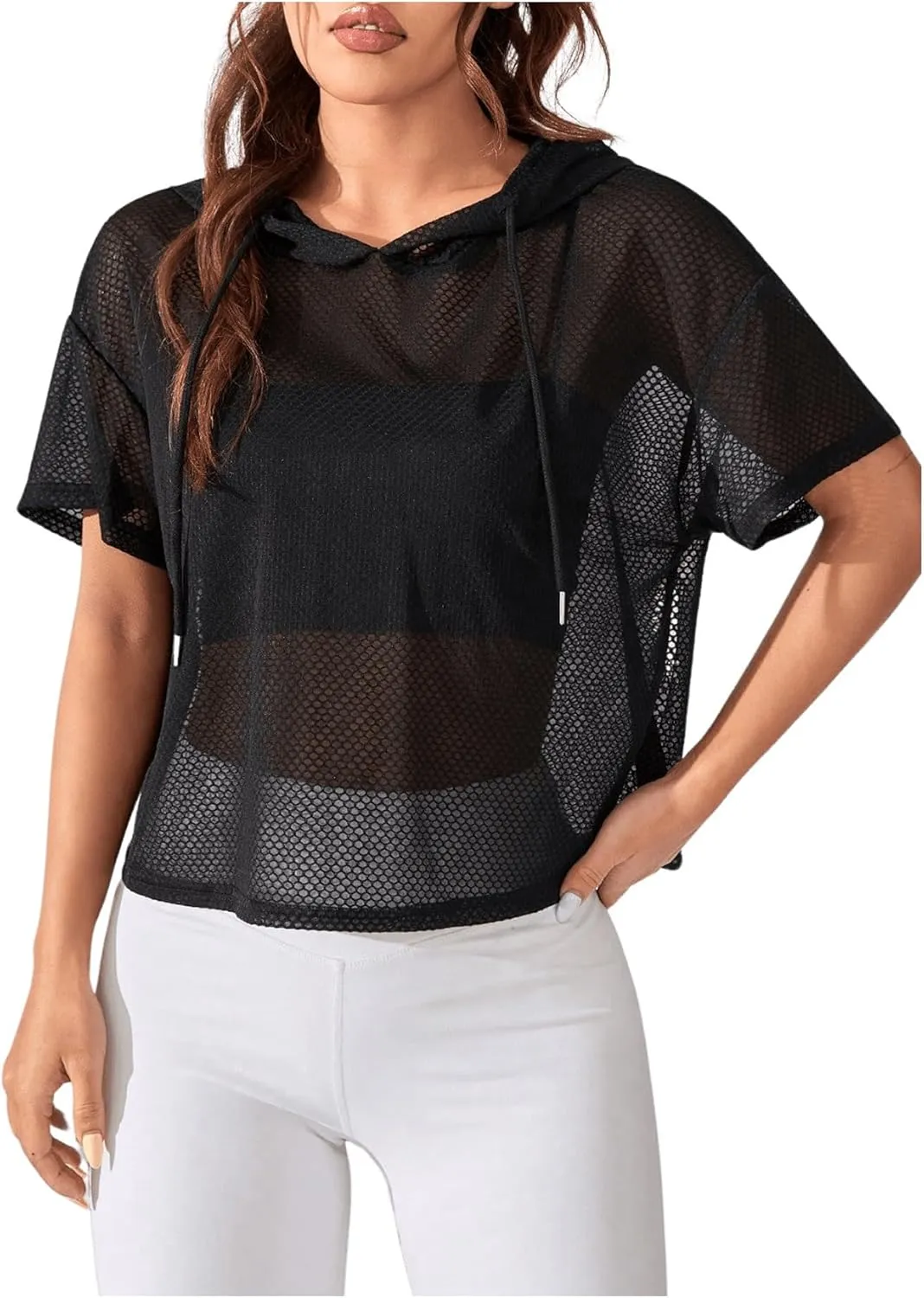 SweatyRocks Women's Short Sleeve Fishnet Hoodies Hollow Out Sports Workout Tops