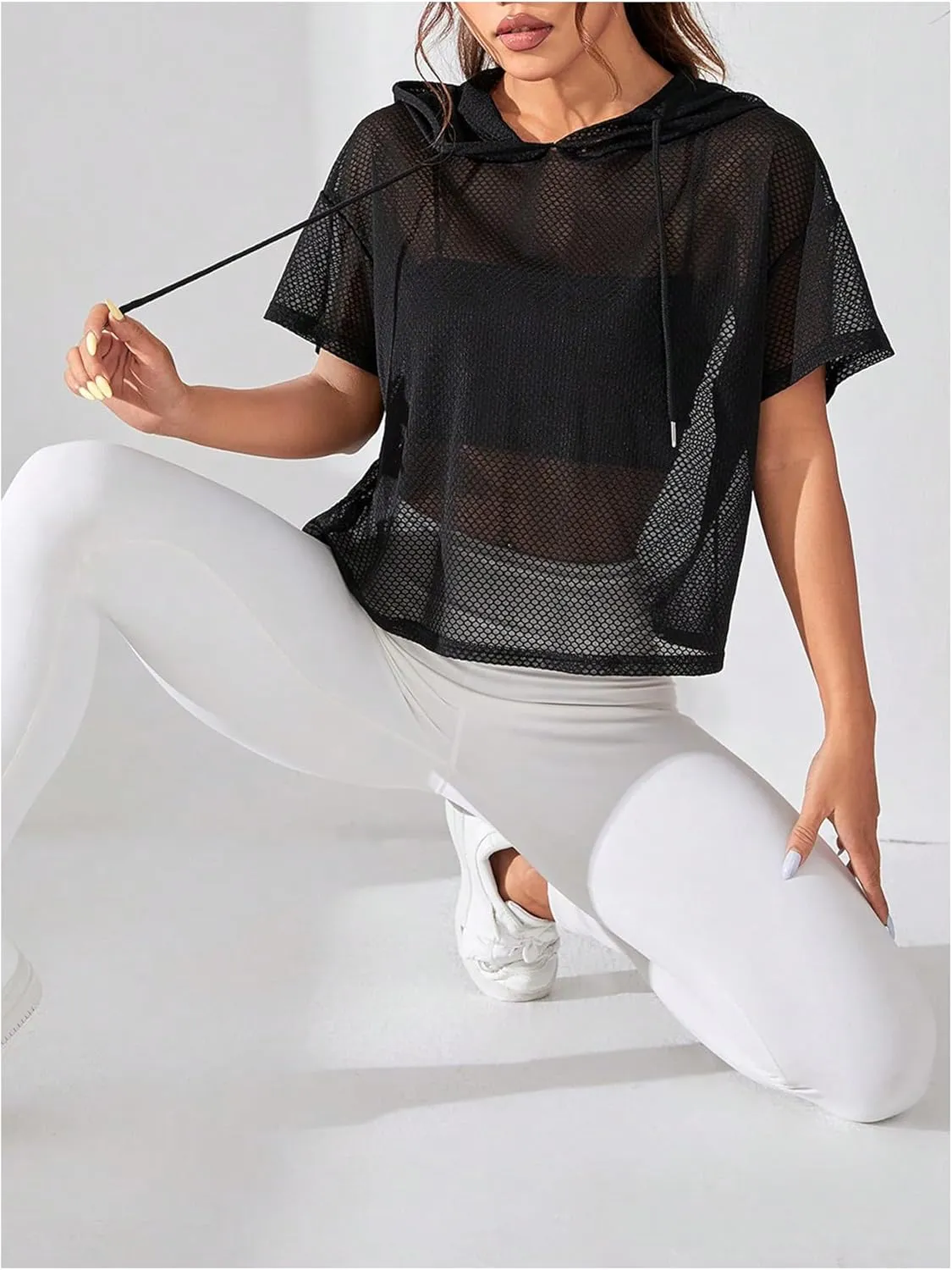 SweatyRocks Women's Short Sleeve Fishnet Hoodies Hollow Out Sports Workout Tops