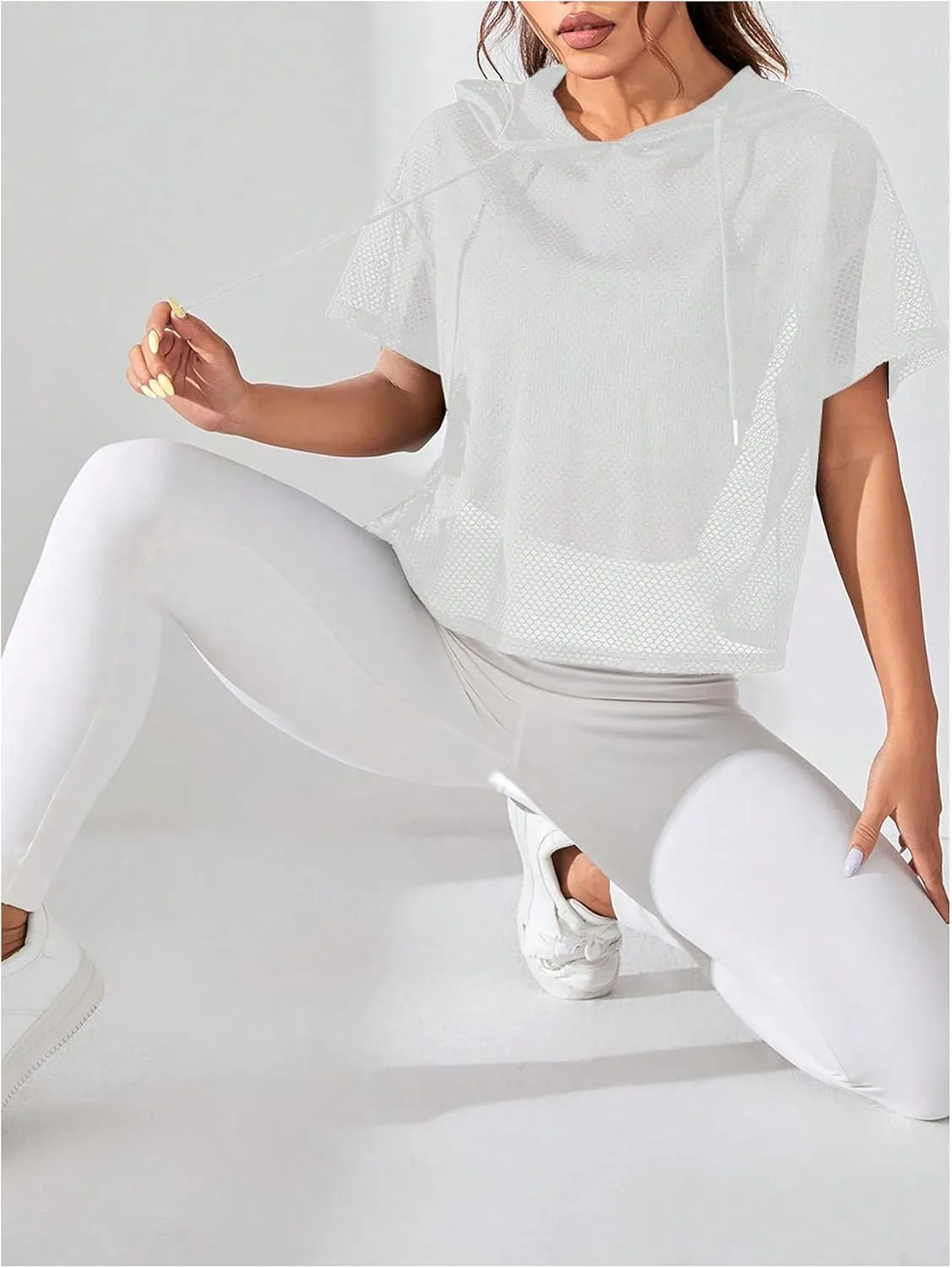 SweatyRocks Women's Short Sleeve Fishnet Hoodies Hollow Out Sports Workout Tops