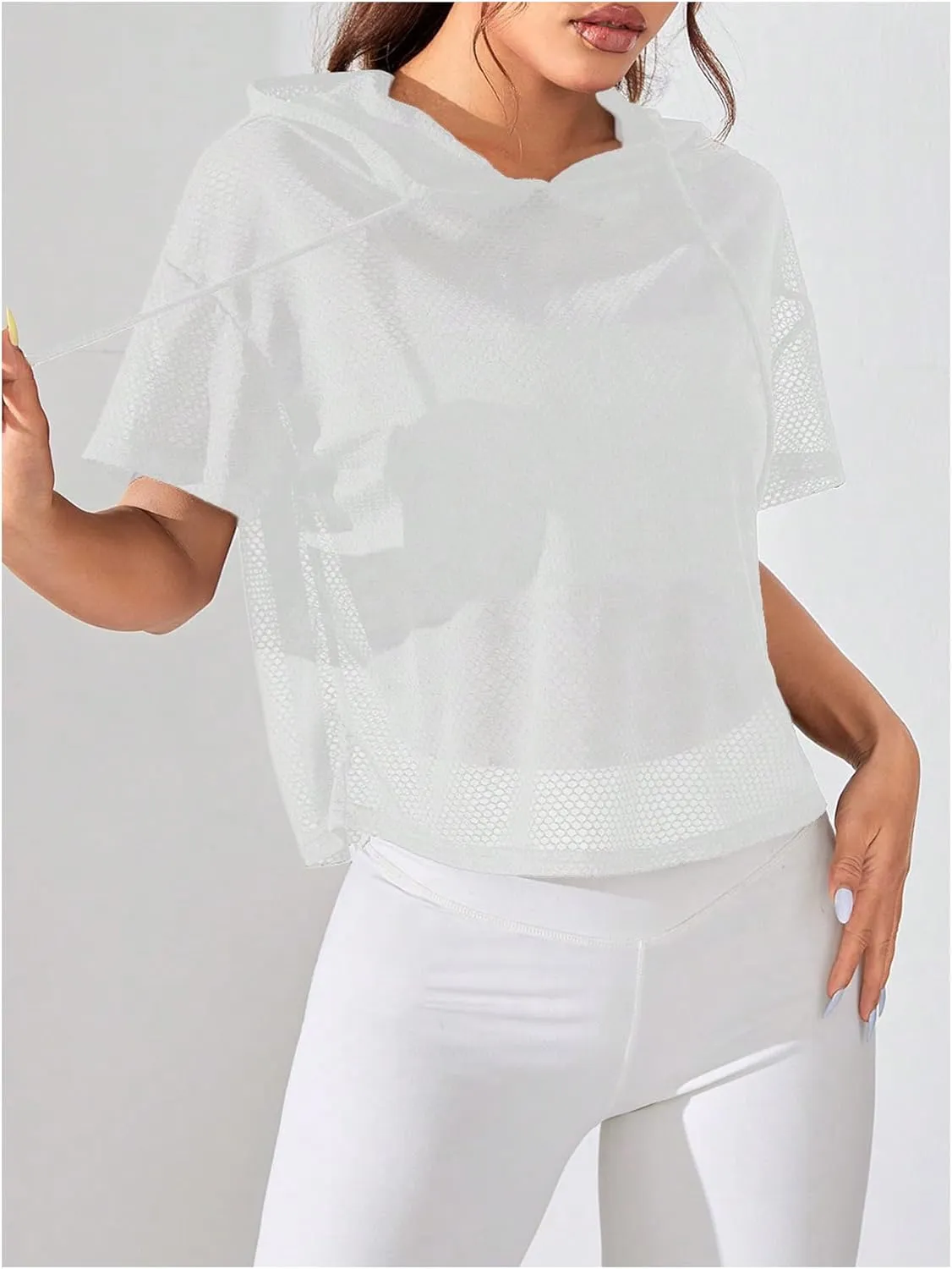 SweatyRocks Women's Short Sleeve Fishnet Hoodies Hollow Out Sports Workout Tops