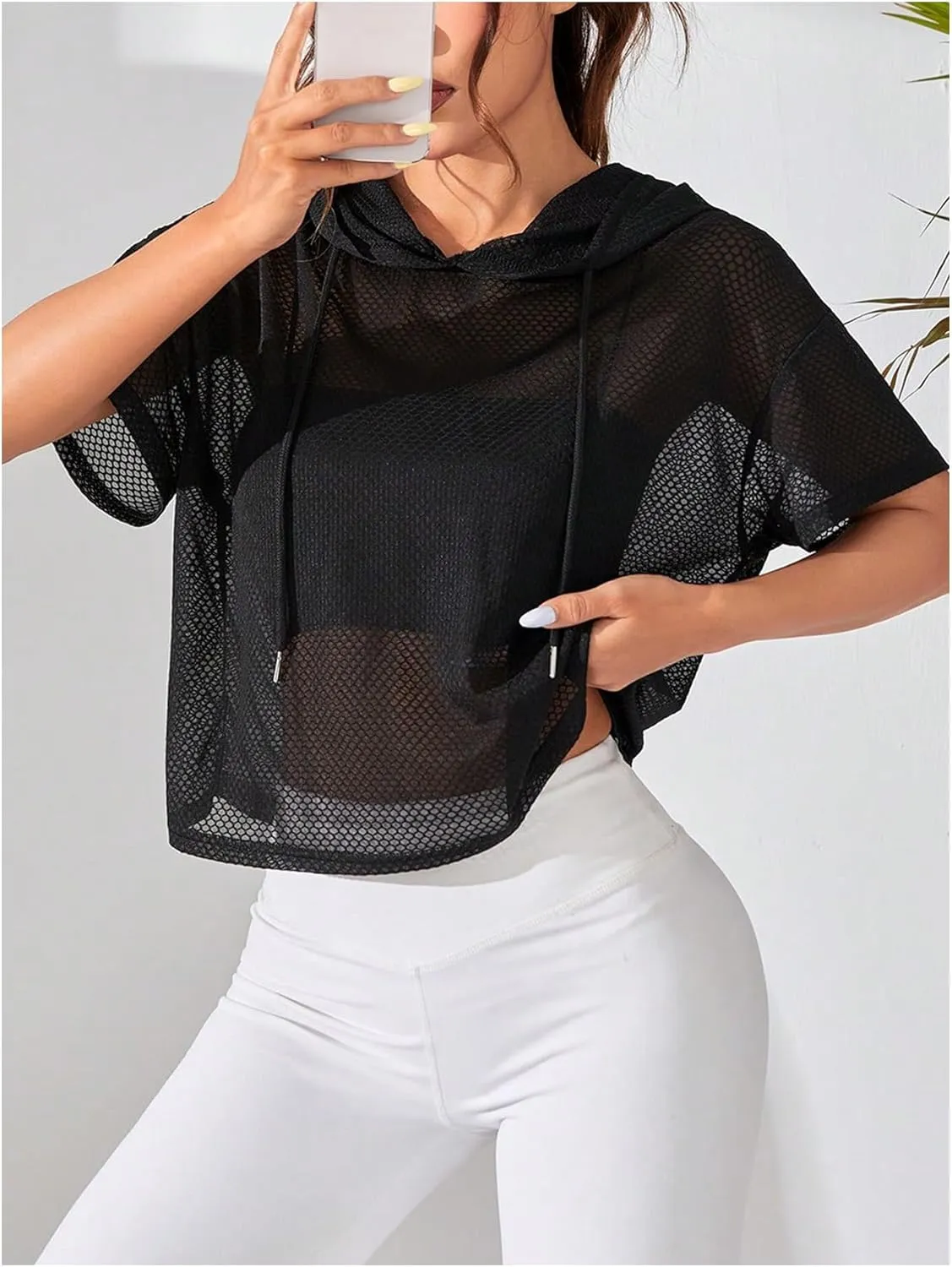 SweatyRocks Women's Short Sleeve Fishnet Hoodies Hollow Out Sports Workout Tops