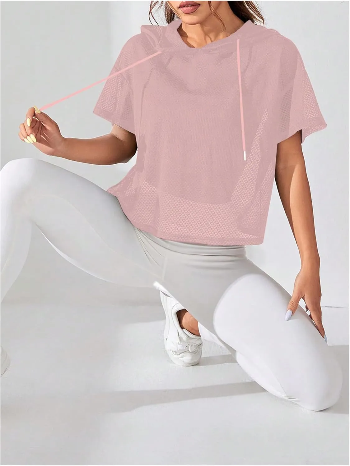 SweatyRocks Women's Short Sleeve Fishnet Hoodies Hollow Out Sports Workout Tops