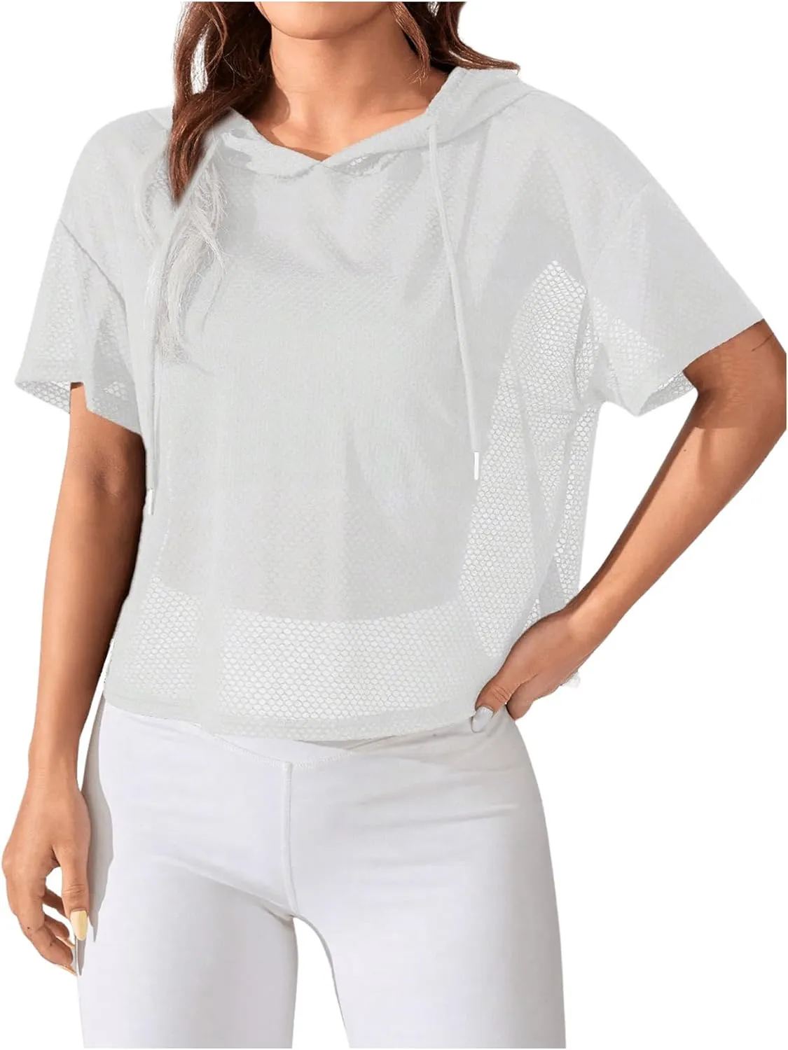 SweatyRocks Women's Short Sleeve Fishnet Hoodies Hollow Out Sports Workout Tops