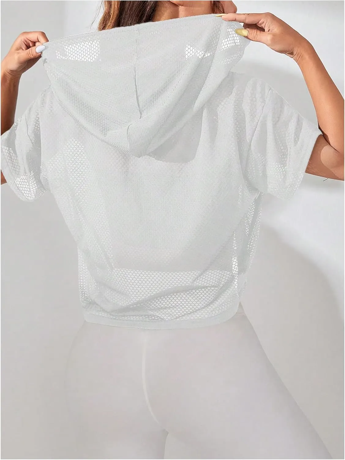 SweatyRocks Women's Short Sleeve Fishnet Hoodies Hollow Out Sports Workout Tops