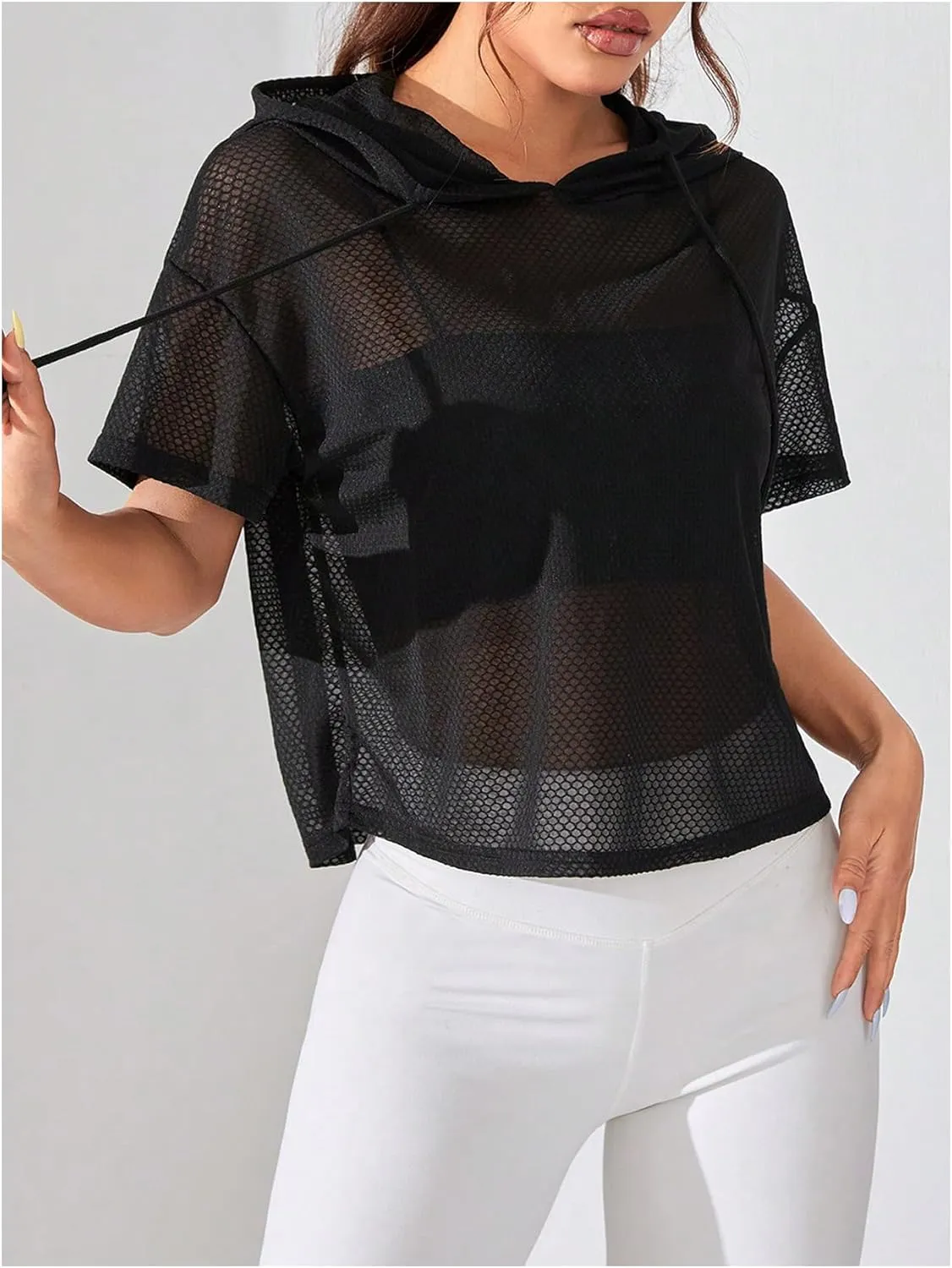 SweatyRocks Women's Short Sleeve Fishnet Hoodies Hollow Out Sports Workout Tops