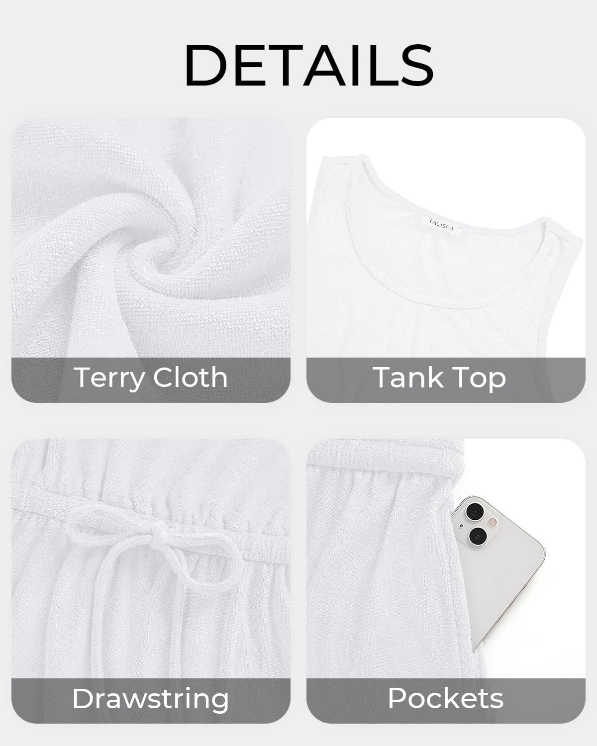 Swimsuit Coverup for Women - Terry Cloth Beach Cover Up Dress - Drawstring Sleeveless Casual Sundress Pockets