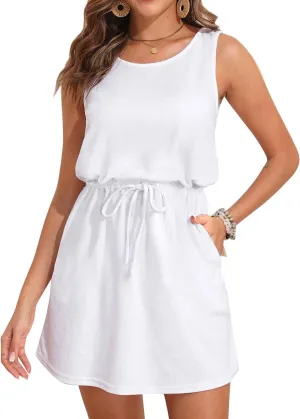 Swimsuit Coverup for Women - Terry Cloth Beach Cover Up Dress - Drawstring Sleeveless Casual Sundress Pockets