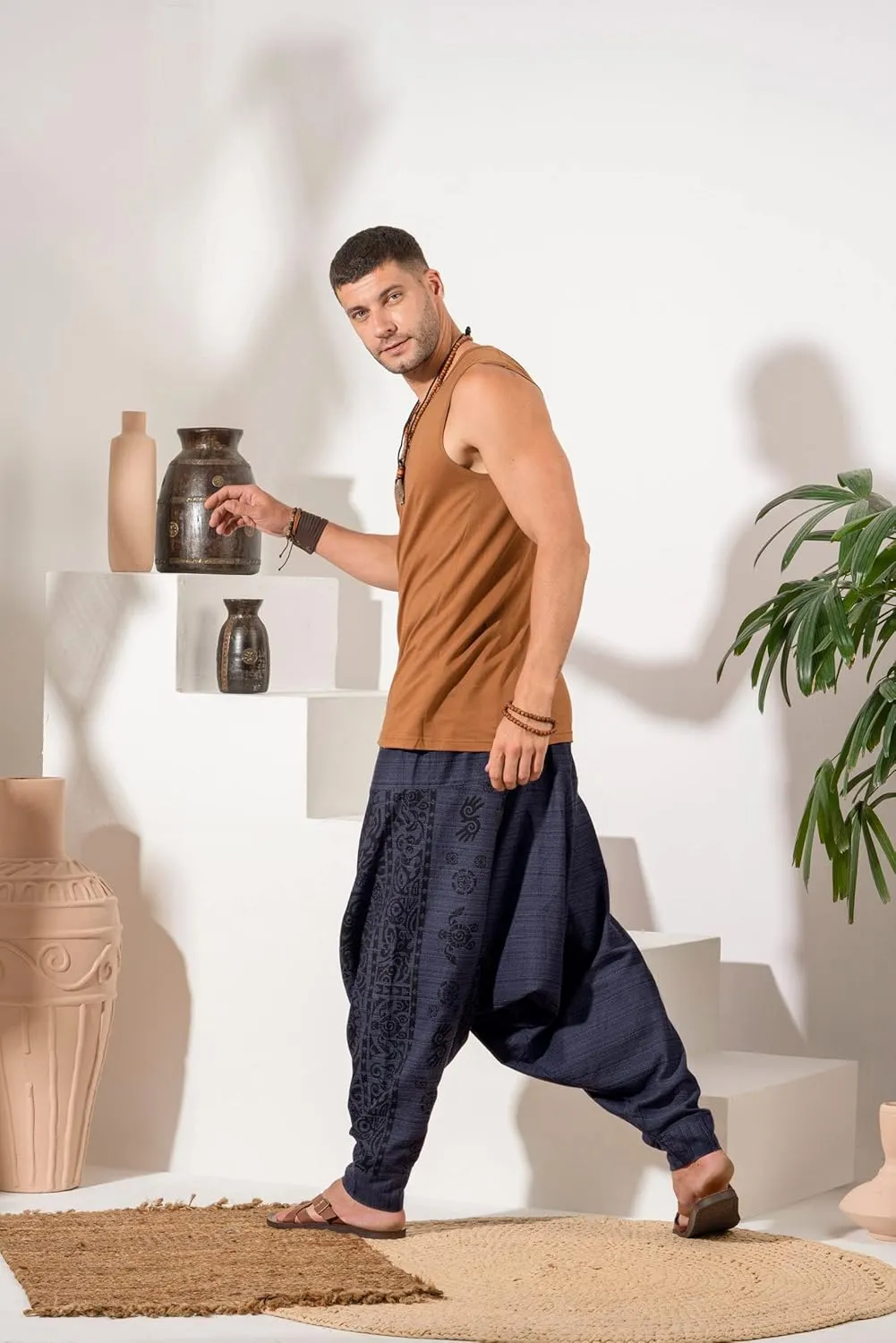 The Veshti Company Men's Boho Harem Pants - Printed Yoga Baggy Pants with Elastic Waist & Drawstring,