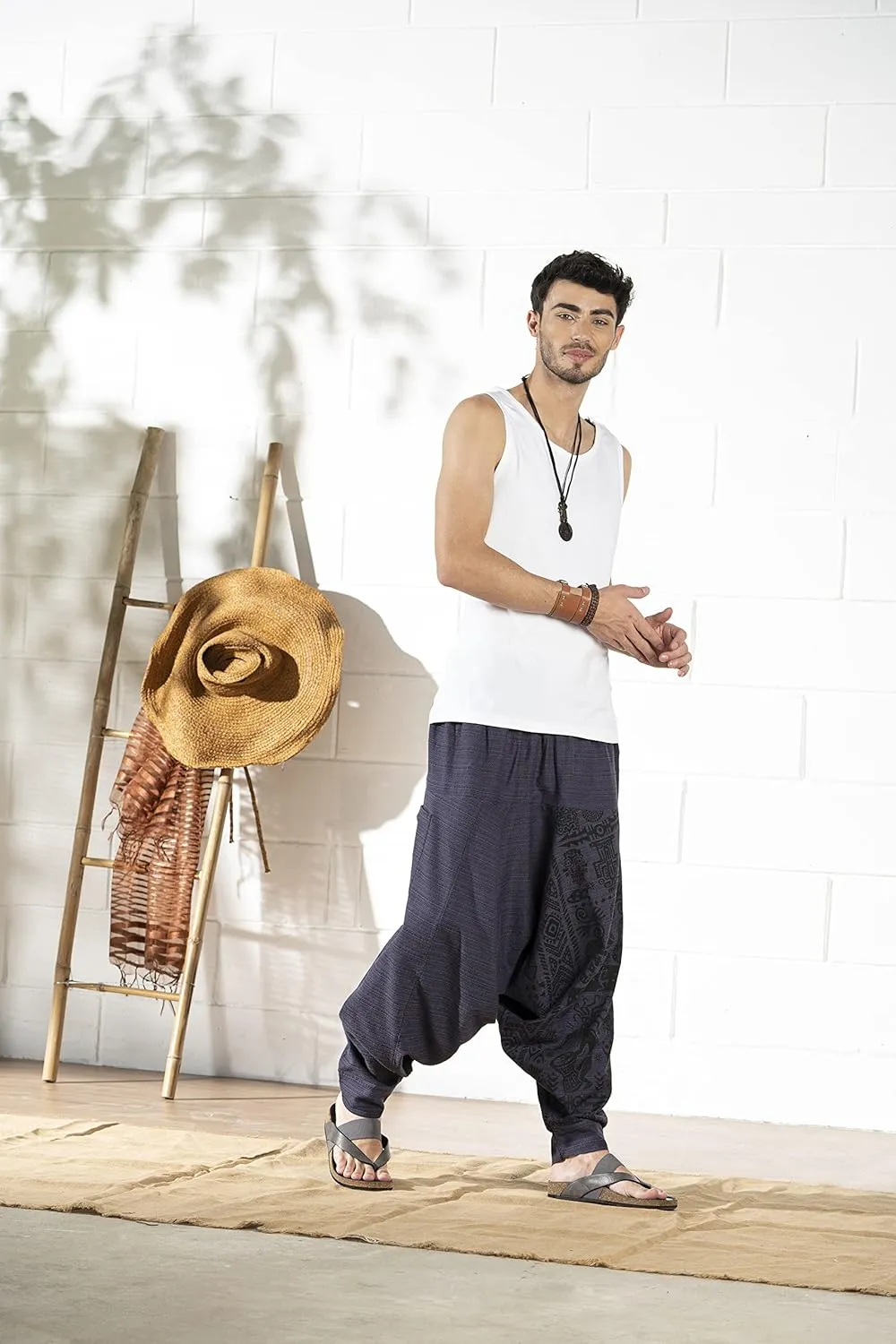 The Veshti Company Men's Boho Harem Pants - Printed Yoga Baggy Pants with Elastic Waist & Drawstring,