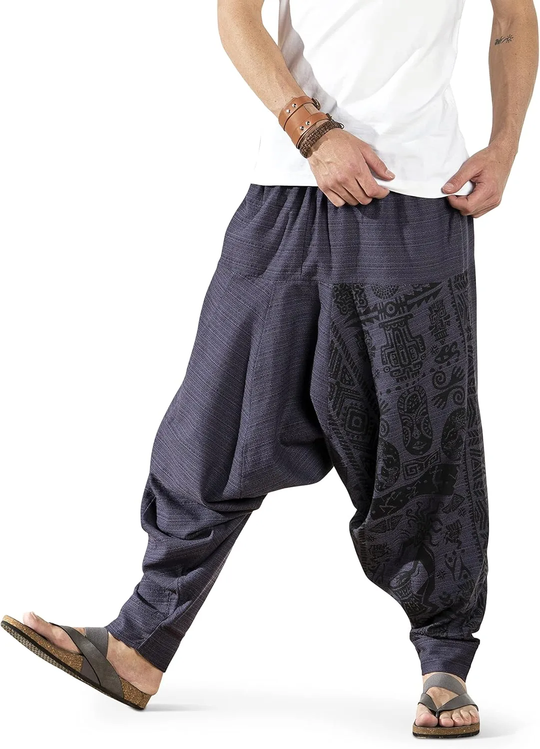 The Veshti Company Men's Boho Harem Pants - Printed Yoga Baggy Pants with Elastic Waist & Drawstring,