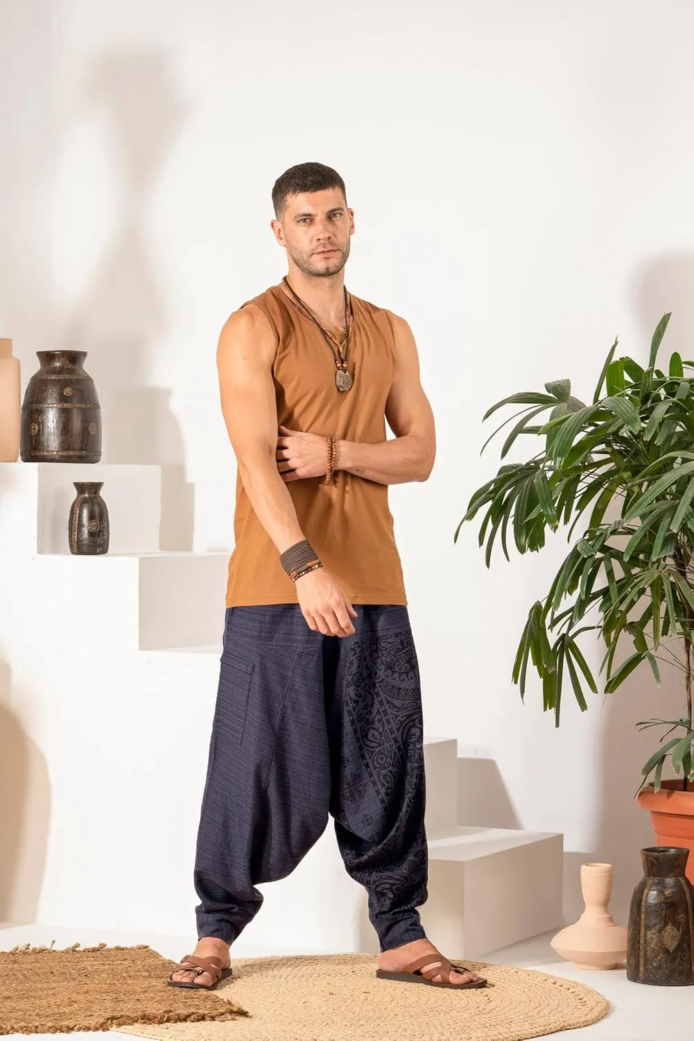The Veshti Company Men's Boho Harem Pants - Printed Yoga Baggy Pants with Elastic Waist & Drawstring,