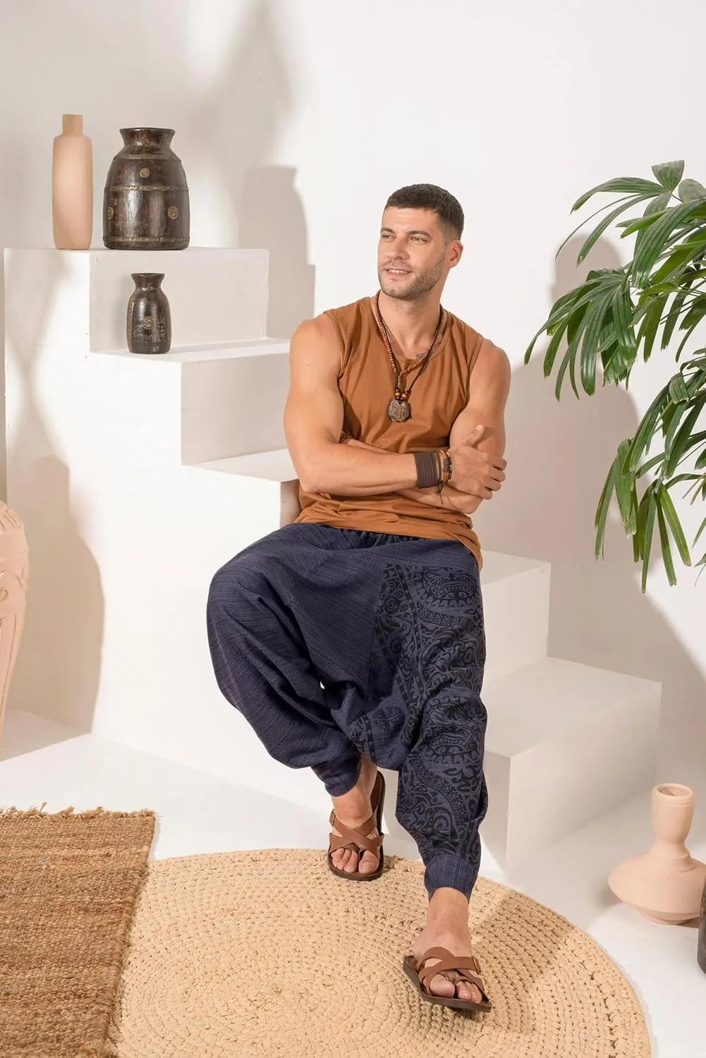 The Veshti Company Men's Boho Harem Pants - Printed Yoga Baggy Pants with Elastic Waist & Drawstring,