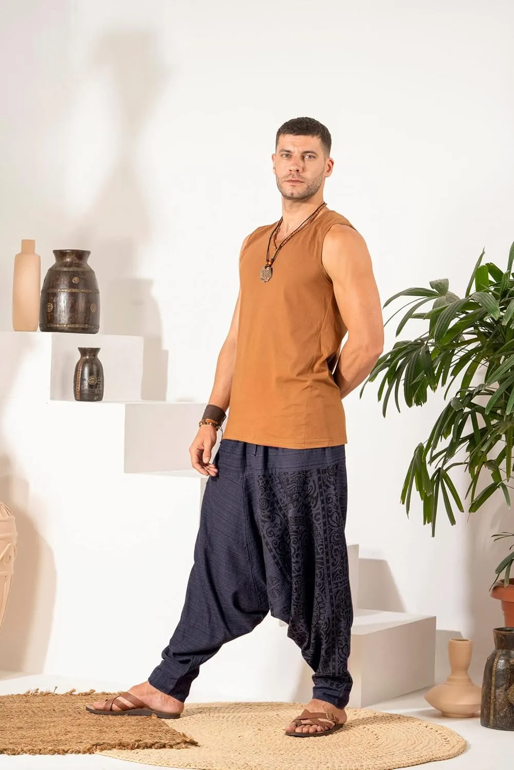 The Veshti Company Men's Boho Harem Pants - Printed Yoga Baggy Pants with Elastic Waist & Drawstring,