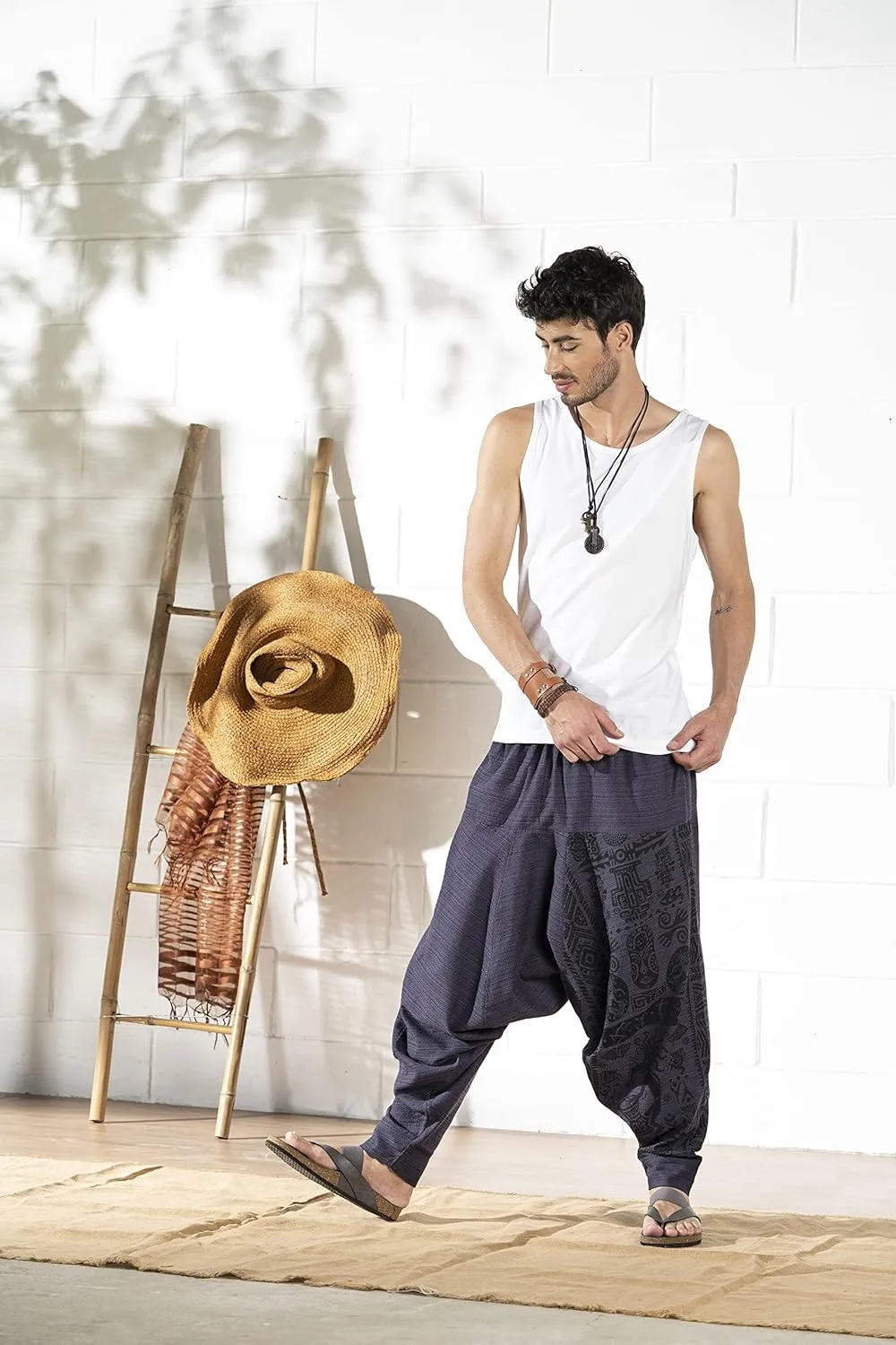 The Veshti Company Men's Boho Harem Pants - Printed Yoga Baggy Pants with Elastic Waist & Drawstring,