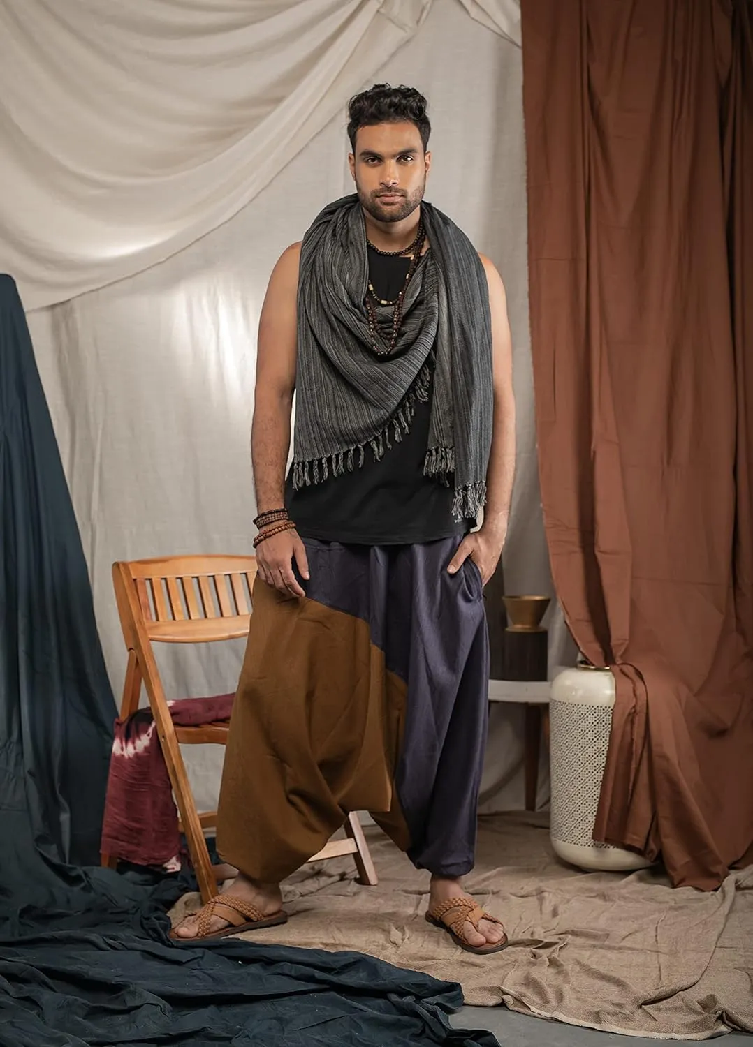 The Veshti Company Travel Hippie Parachute Pants for Men, Baggy Flowy Pants Lounge Yoga Harem Boho Music Festival Dance Pant