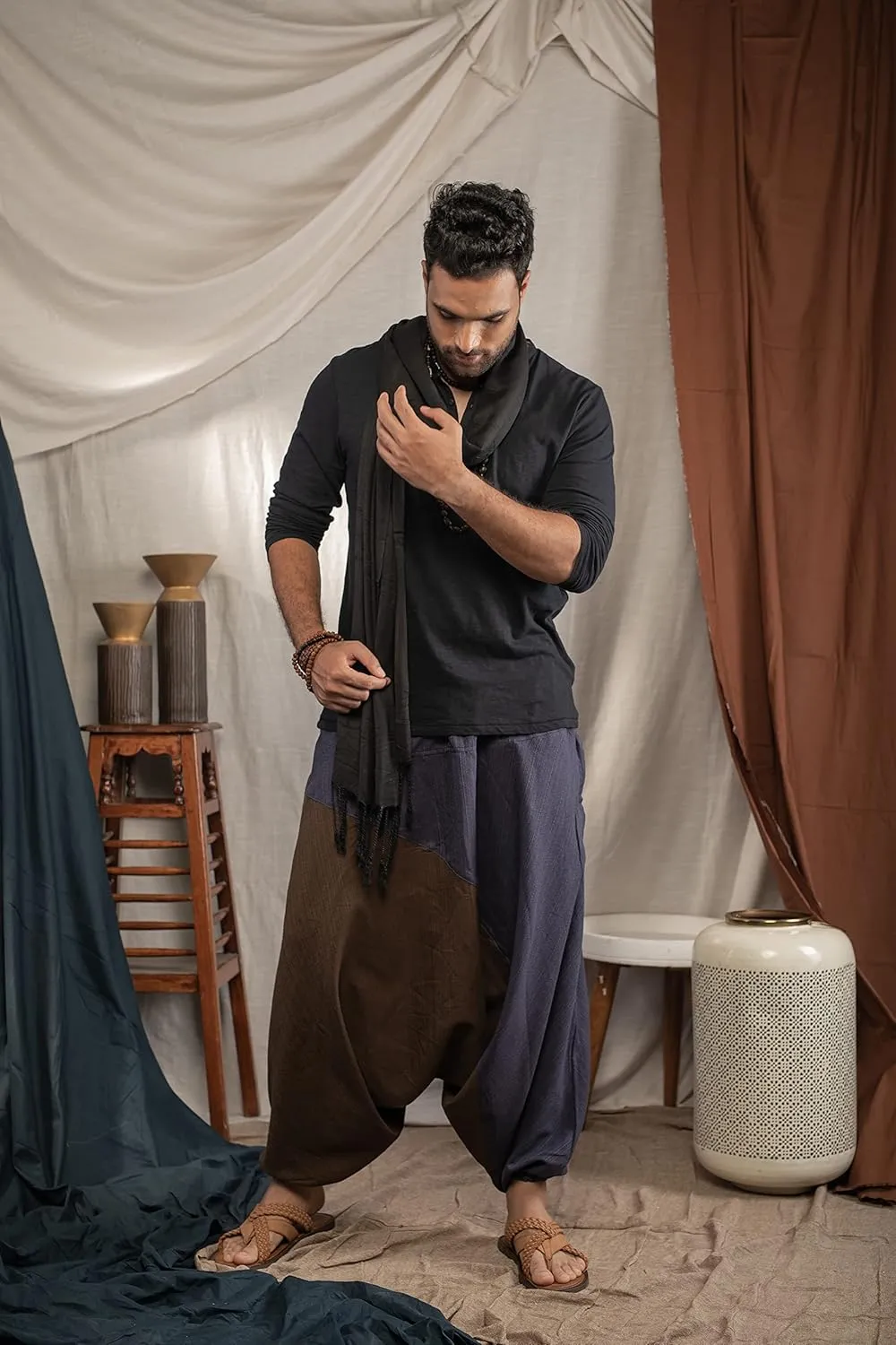 The Veshti Company Travel Hippie Parachute Pants for Men, Baggy Flowy Pants Lounge Yoga Harem Boho Music Festival Dance Pant