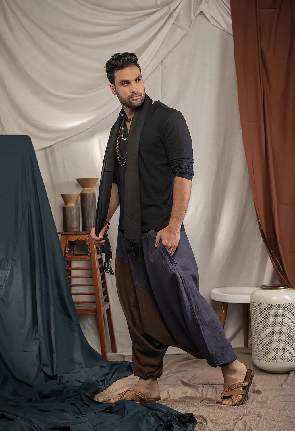 The Veshti Company Travel Hippie Parachute Pants for Men, Baggy Flowy Pants Lounge Yoga Harem Boho Music Festival Dance Pant