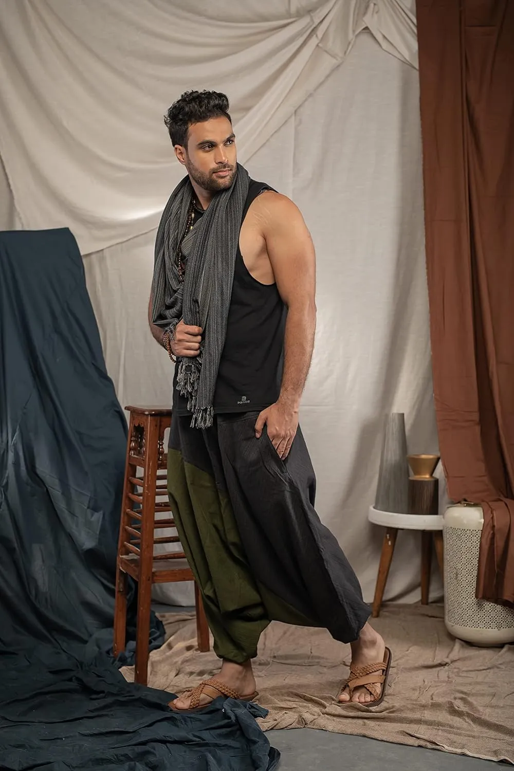 The Veshti Company Travel Hippie Parachute Pants for Men, Baggy Flowy Pants Lounge Yoga Harem Boho Music Festival Dance Pant