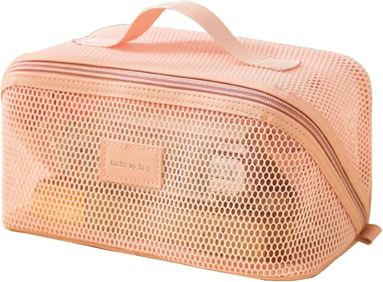 Travel Makeup Bag, Large Capacity Cosmetic stroge, Nylon Mesh Transparent Toiletry Organizer for Women, Lightweight Washable Pouch with Zipper