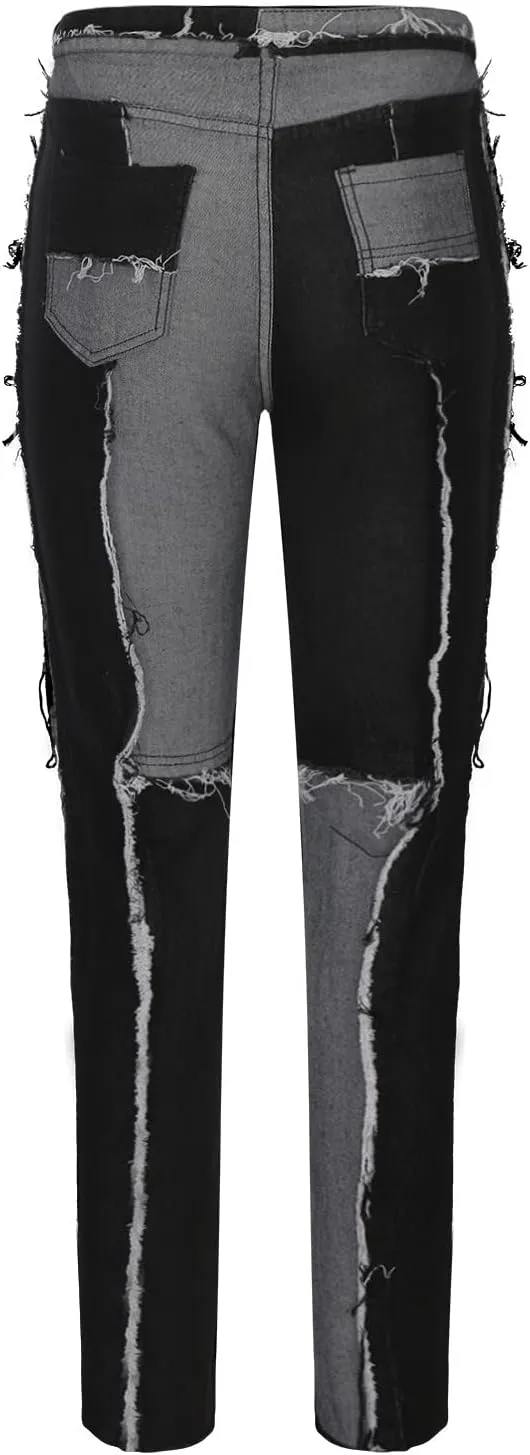 Uillui Trendy Women's Patchwork Skinny Jeans Color Block Straight-Leg Long Trouser High Waist Distressed Stretchy Denim Pant
