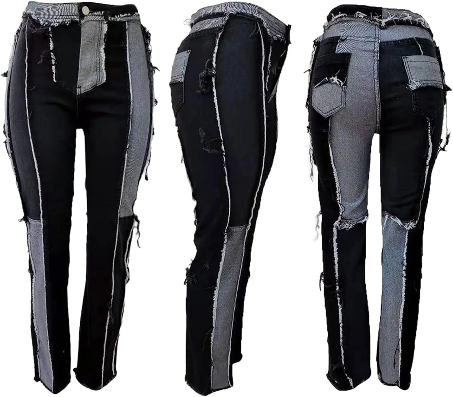 Uillui Trendy Women's Patchwork Skinny Jeans Color Block Straight-Leg Long Trouser High Waist Distressed Stretchy Denim Pant