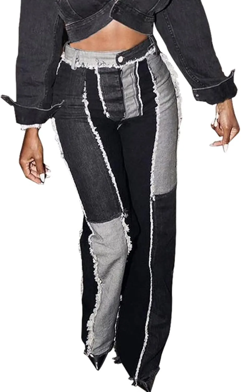 Uillui Trendy Women's Patchwork Skinny Jeans Color Block Straight-Leg Long Trouser High Waist Distressed Stretchy Denim Pant