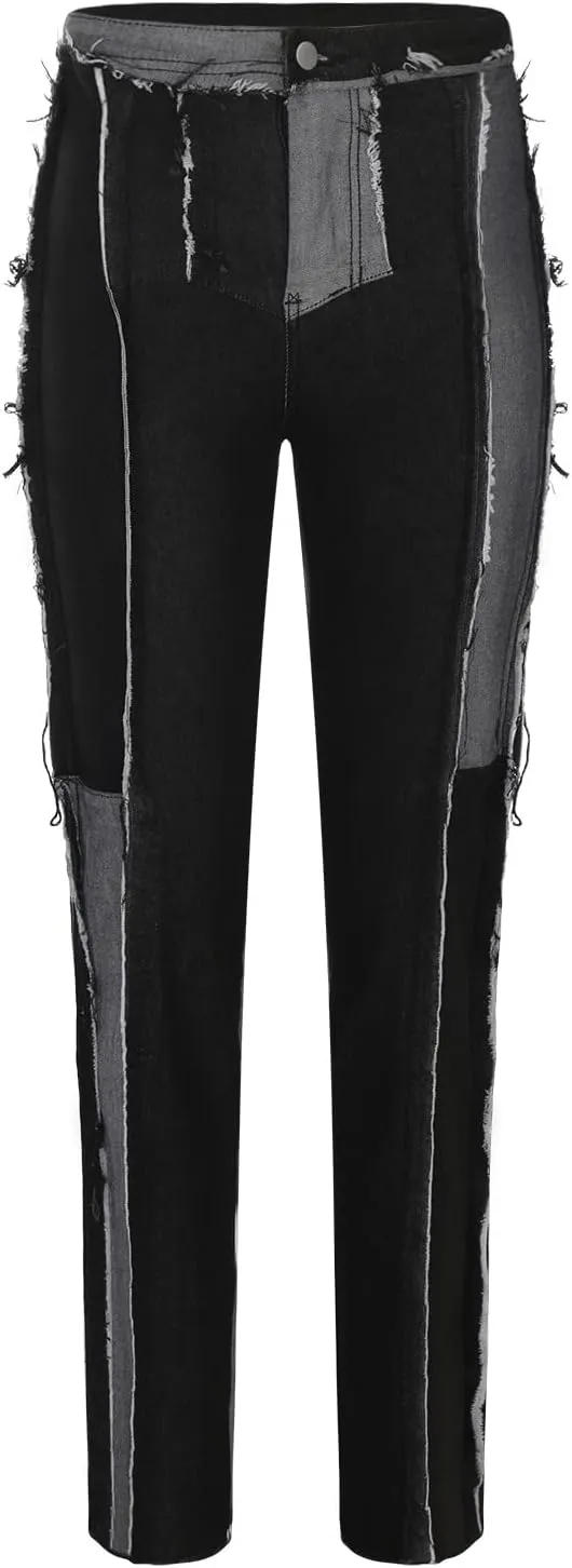 Uillui Trendy Women's Patchwork Skinny Jeans Color Block Straight-Leg Long Trouser High Waist Distressed Stretchy Denim Pant