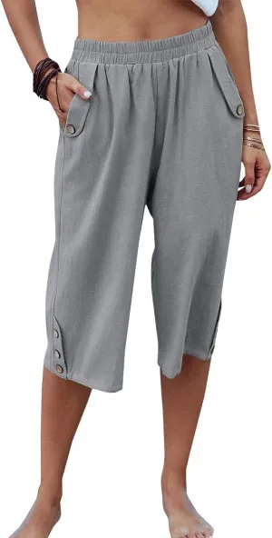 Veatzaer Women's Elastic Waist 3/4 Capri Harem Pants with Pockets Casual Loose Solid Yoga Trousers S-XXL