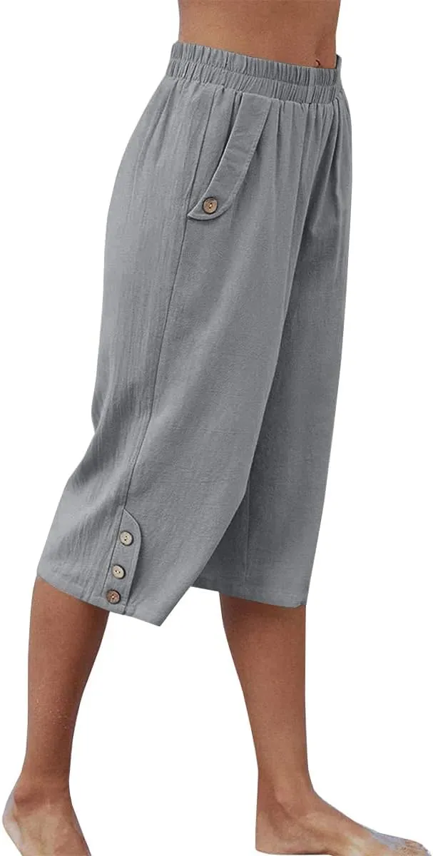 Veatzaer Women's Elastic Waist 3/4 Capri Harem Pants with Pockets Casual Loose Solid Yoga Trousers S-XXL