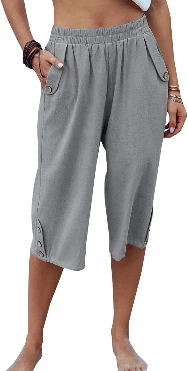 Veatzaer Women's Elastic Waist 3/4 Capri Harem Pants with Pockets Casual Loose Solid Yoga Trousers S-XXL