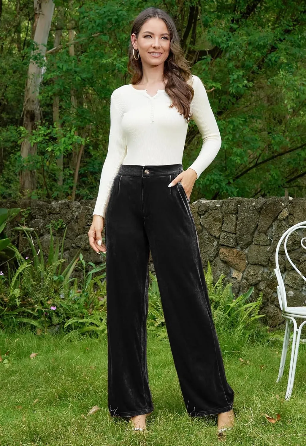 Velvet Pants for Women Dressy Women Casual Wide Leg Pants Stretchy High Waisted Velour Palazzo Pants