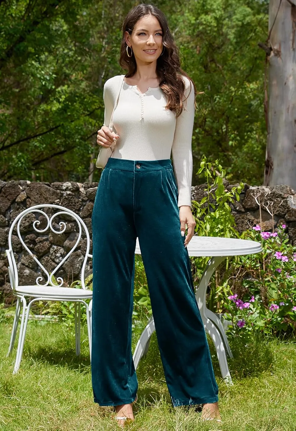 Velvet Pants for Women Dressy Women Casual Wide Leg Pants Stretchy High Waisted Velour Palazzo Pants