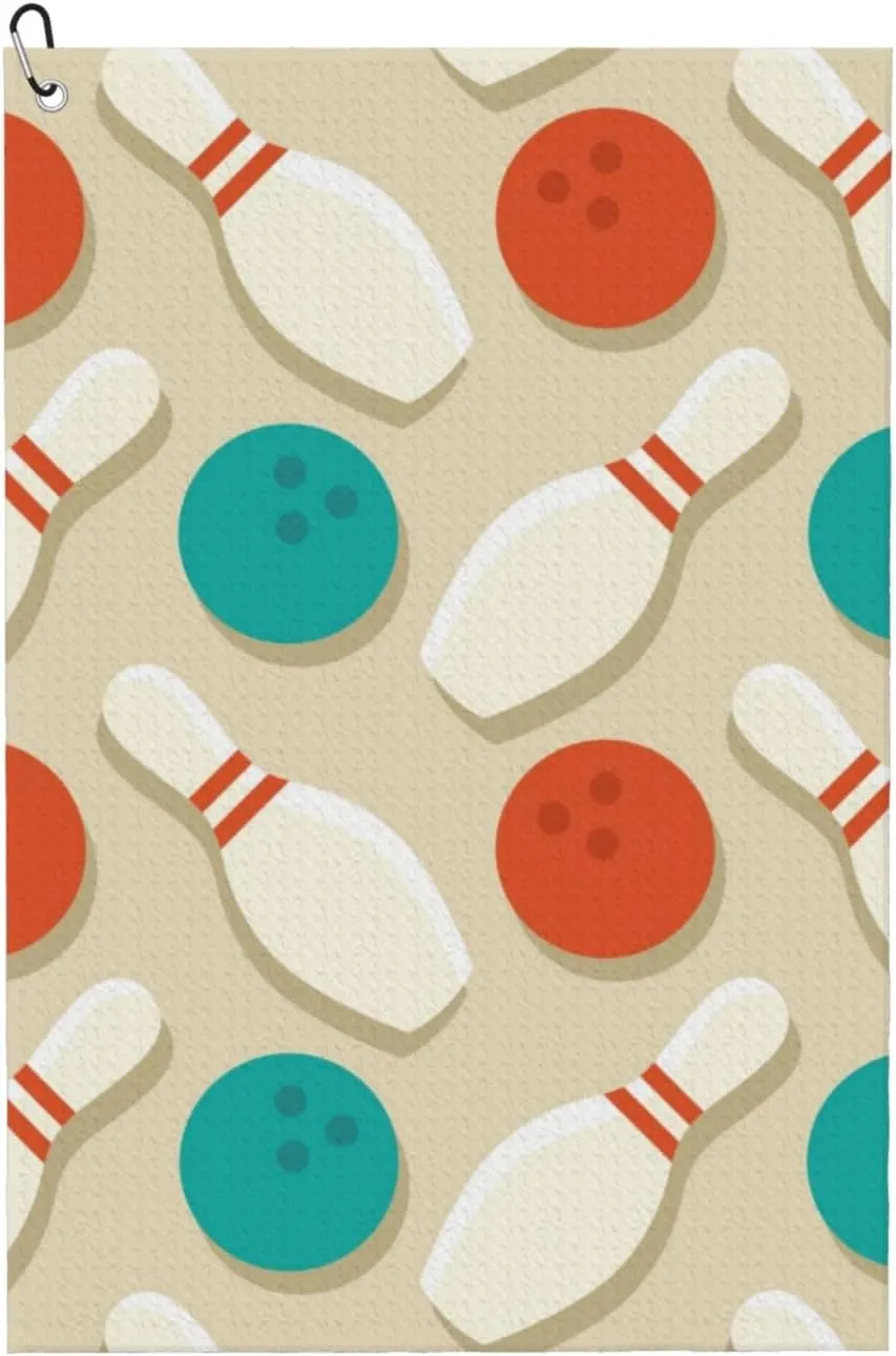 Vintage Bowling Print Amphibian Golf Ball Towel with Dry and Wet Technology Golf Ball Towels for Golf Bags for Men and Women with Carabiner