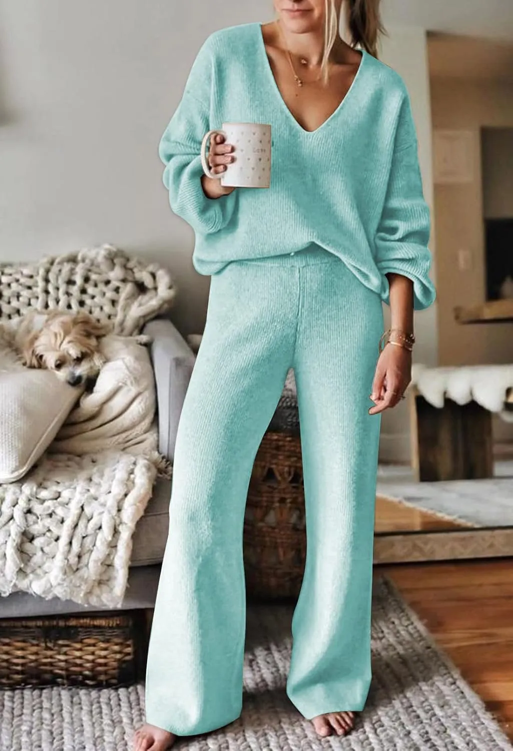 Viottiset Women's 2 Piece Outfits Casual V Neck Knit Wide Leg Sweater Lounge Set Sweatsuit