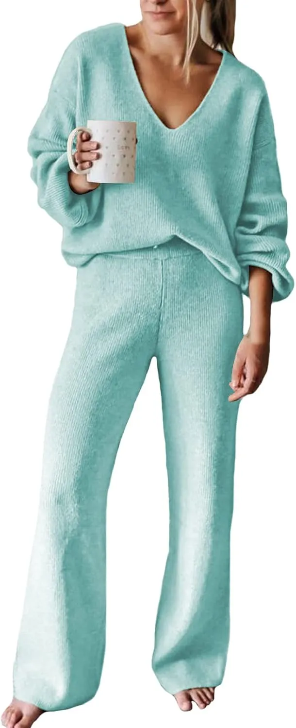 Viottiset Women's 2 Piece Outfits Casual V Neck Knit Wide Leg Sweater Lounge Set Sweatsuit