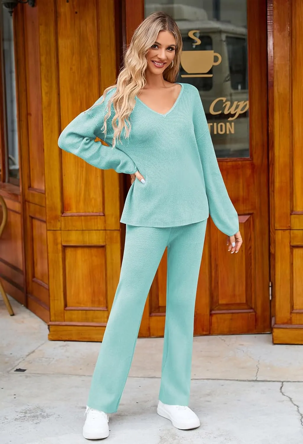 Viottiset Women's 2 Piece Outfits Casual V Neck Knit Wide Leg Sweater Lounge Set Sweatsuit
