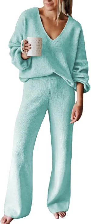Viottiset Women's 2 Piece Outfits Casual V Neck Knit Wide Leg Sweater Lounge Set Sweatsuit