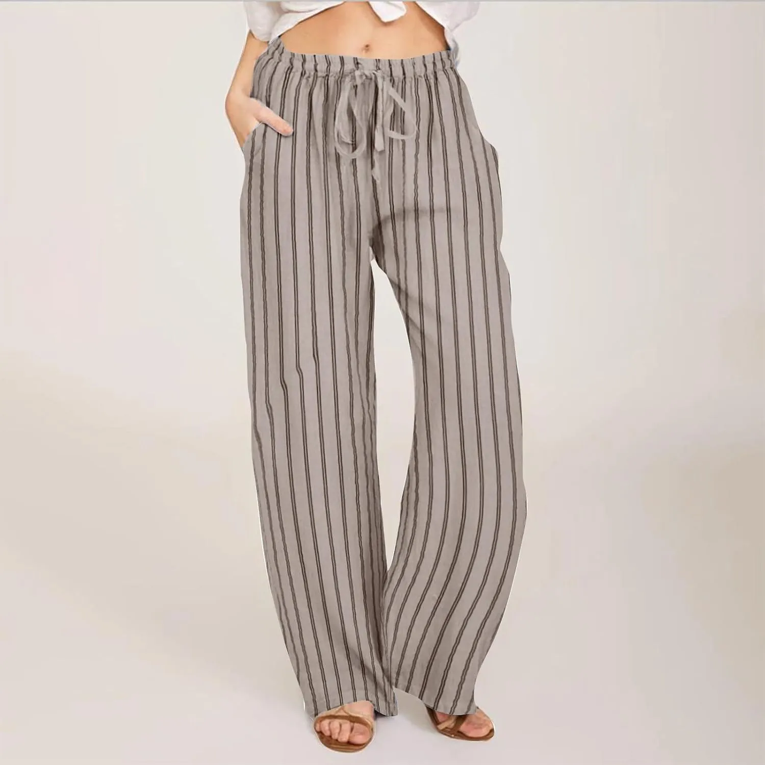 Wide Leg Cotton Linen Pants Women 2025 Summer Lightweight Lounge Pants High Waisted Loose Slacks Trousers with Pockets