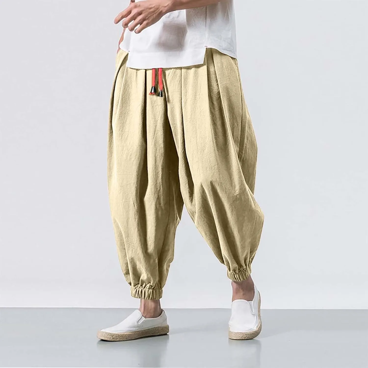 Wide Leg Pants for Men Harlan Pants Casual Hiking Sports Trousers Elastic Drawstring Waist Joggers with Pockers