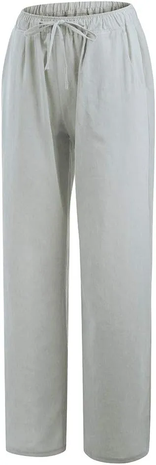 Wide Leg Pants for Women 2025 Summer Drawstring Cotton Linen Pants Lightweight Loose Fit Comfy Trousers with Pockets