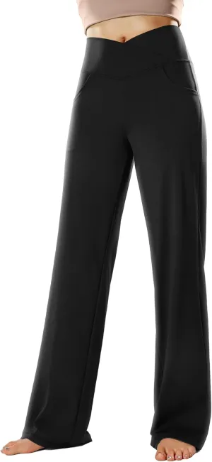 Wide Leg Yoga Pants for Women, Crossover High Waisted Lounge Pants with Pockets, Loose Straight Leg Casual Pants