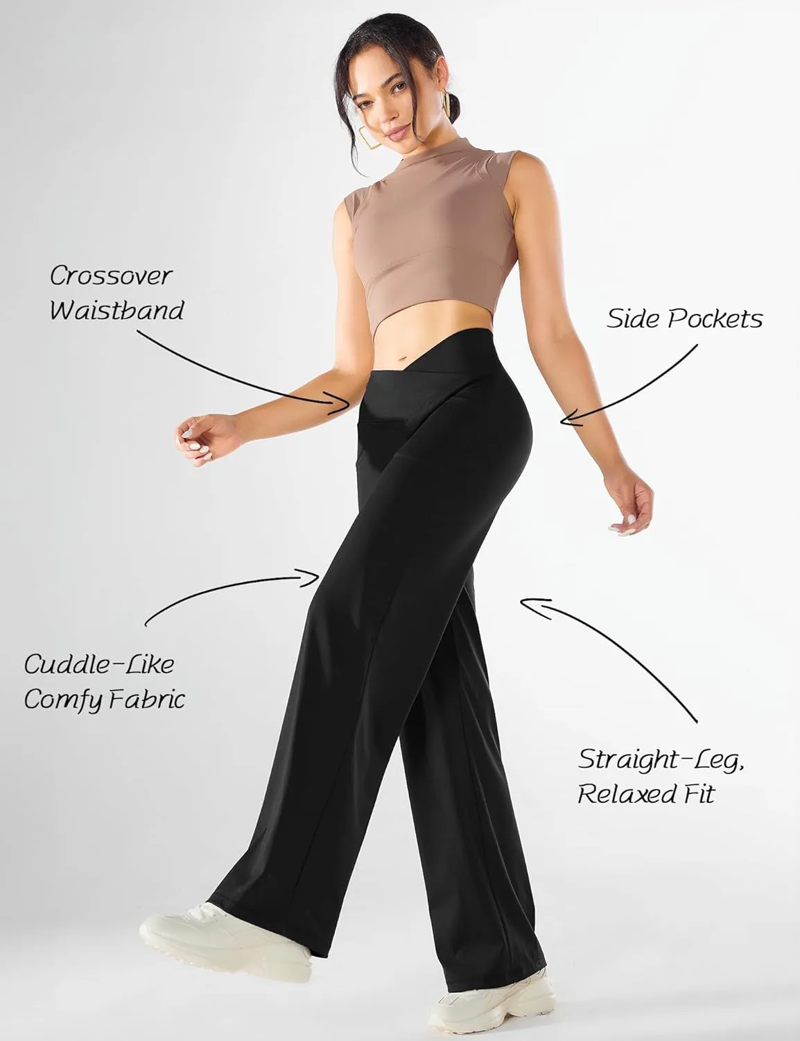 Wide Leg Yoga Pants for Women, Crossover High Waisted Lounge Pants with Pockets, Loose Straight Leg Casual Pants