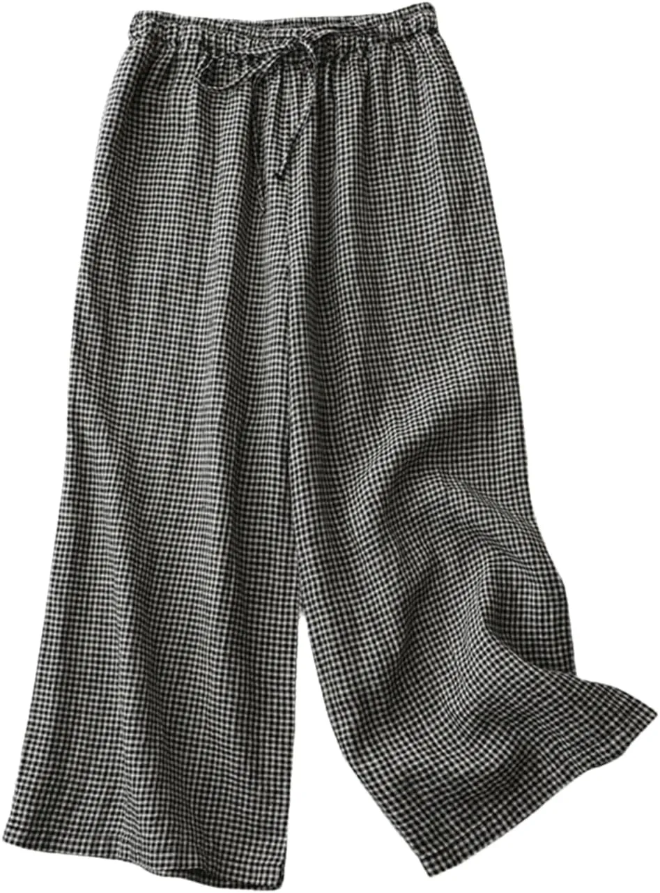 Women 2025 Summer Plaid Cotton Linen Trousers Elastic Waist Loose Casual Wide-Leg Pants